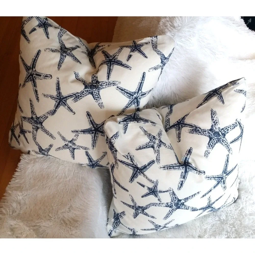 Starfish 20X20 Zippered Throw Pillow‎ Covers Pair Navy White Premier Prints NEW